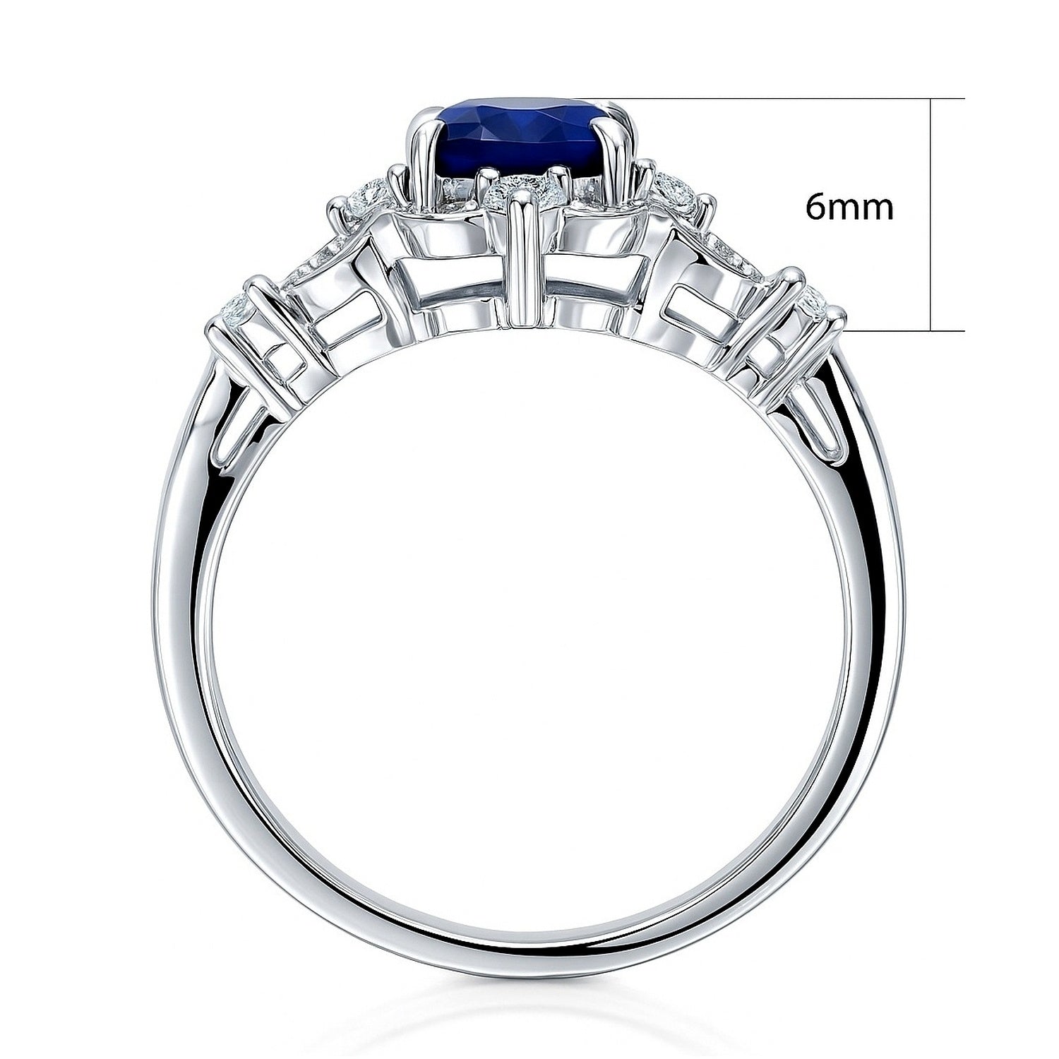 Halo Art Deco Sapphire-Blue Oval CZ Ring in Sterling Silver, 4 of 18