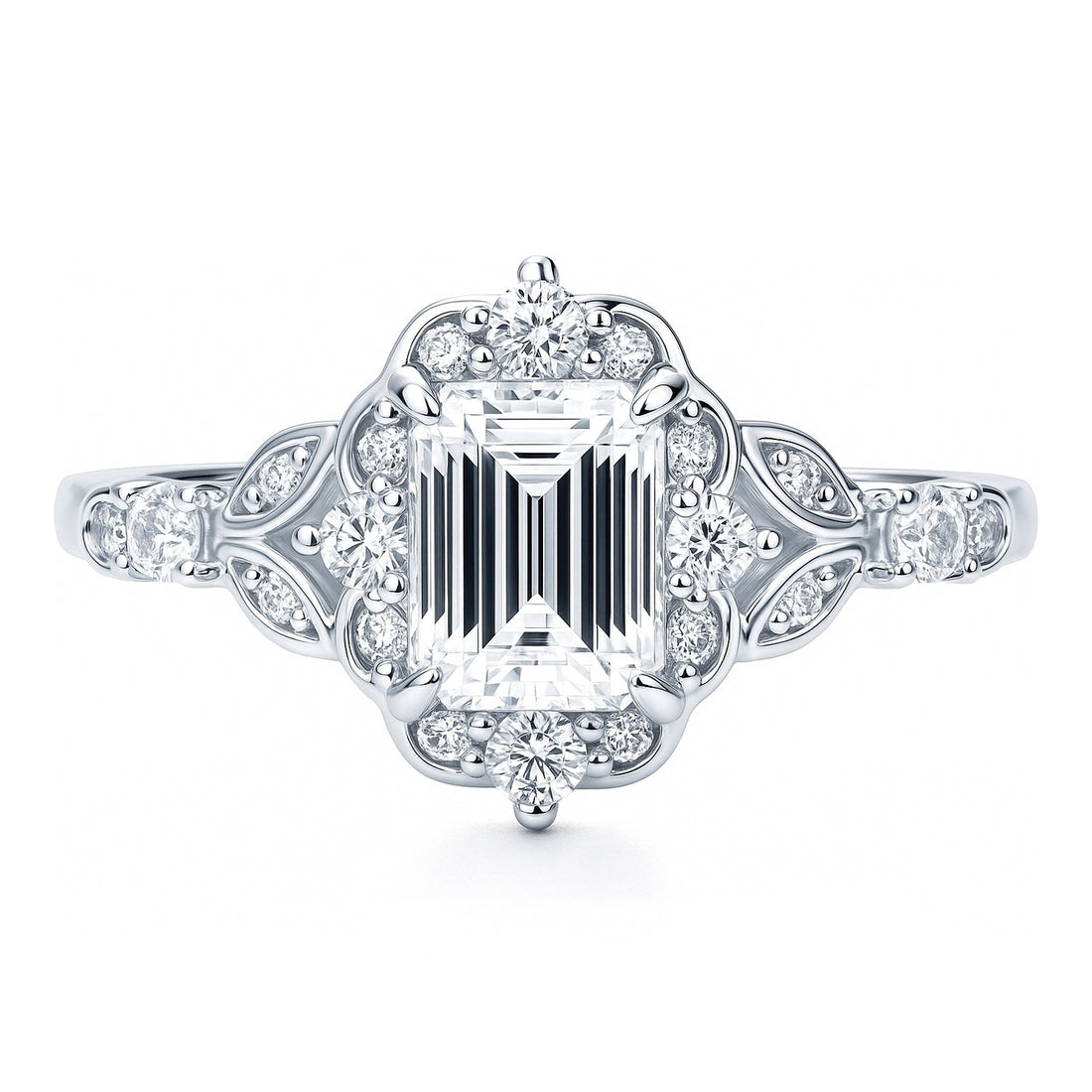 Halo Art Deco Emerald Cut CZ Ring in Sterling Silver