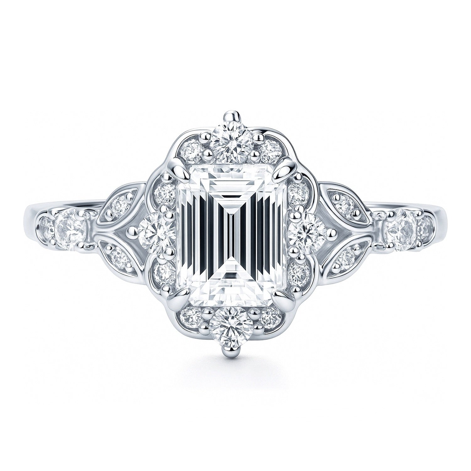 Halo Art Deco Emerald Cut CZ Ring in Sterling Silver