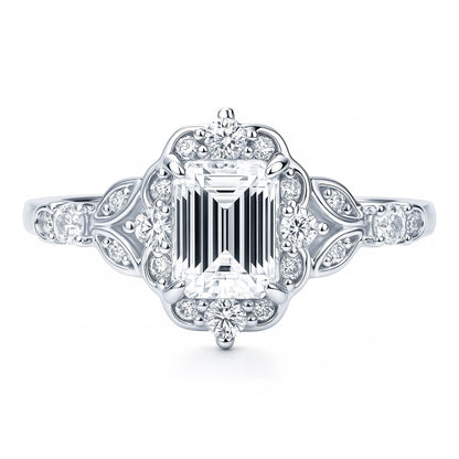 Halo Art Deco Emerald Cut CZ Ring in Sterling Silver