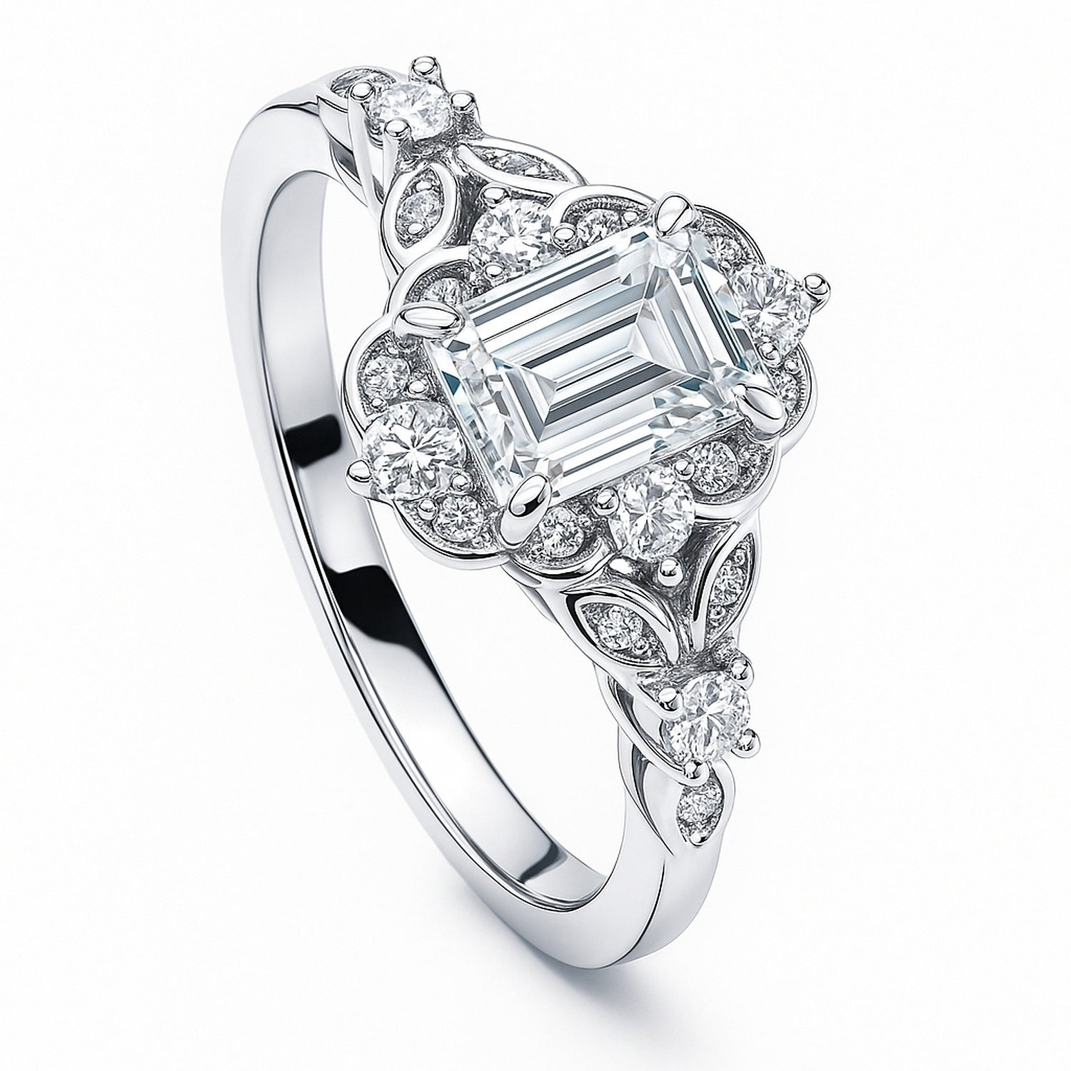 Halo Art Deco Emerald Cut CZ Ring in Sterling Silver, 4 of 10
