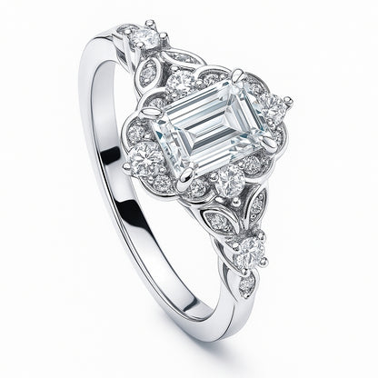 Halo Art Deco Emerald Cut CZ Ring in Sterling Silver