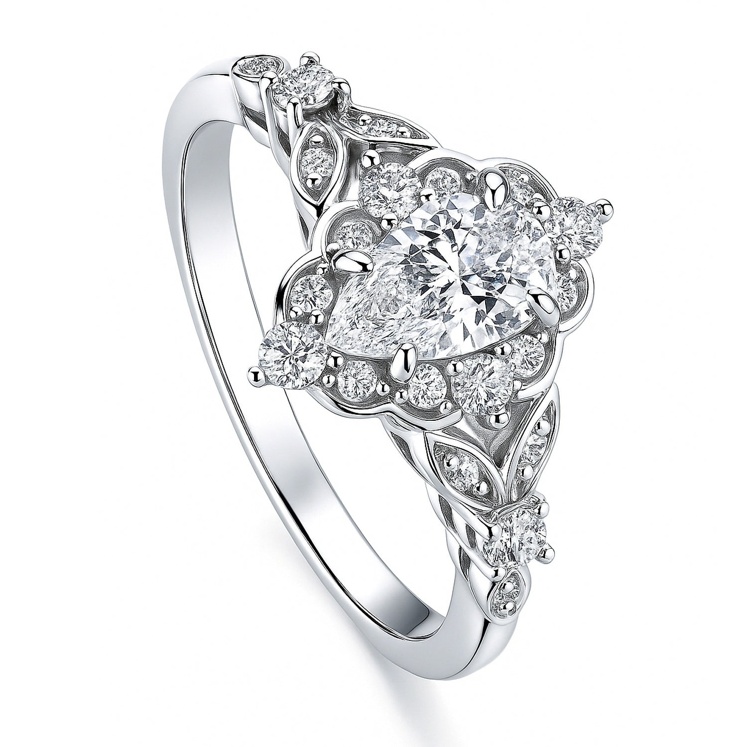 Halo Art Deco Pear CZ Ring in Sterling Silver