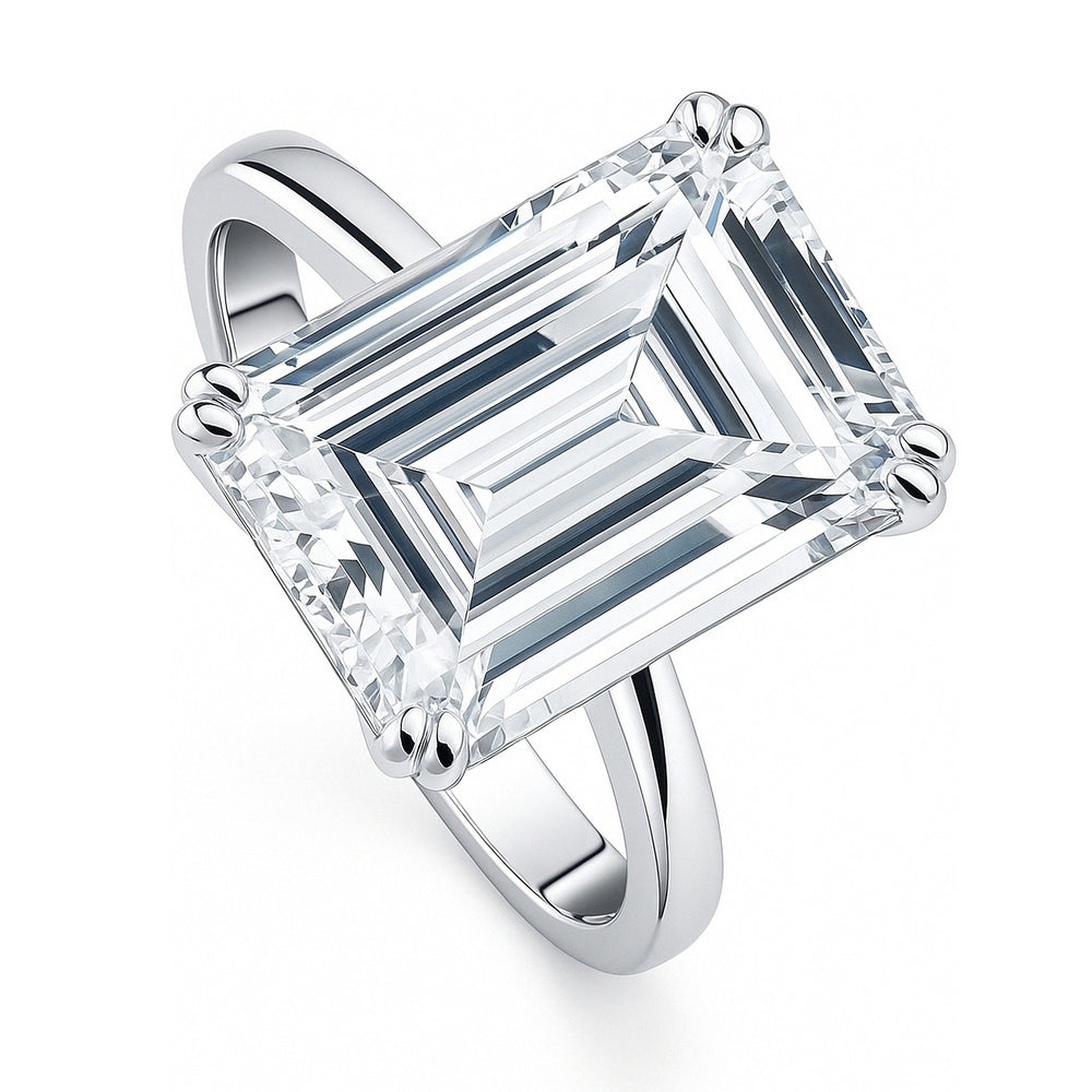 Sterling Silver Solitaire Emerald Cut CZ Engagement Ring #R1857-01