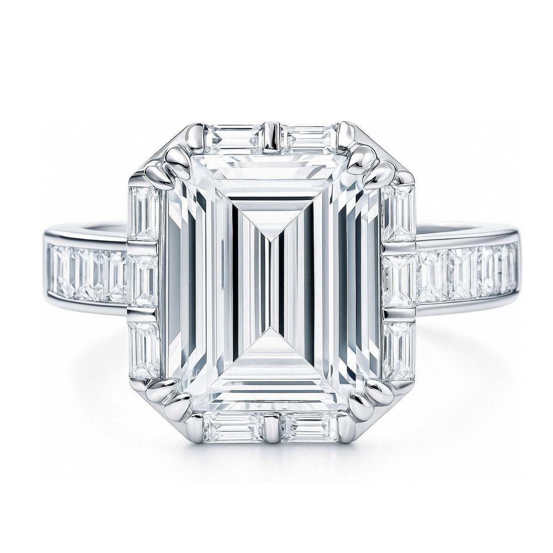 Halo Art Deco Emerald Cut CZ Ring in Sterling Silver