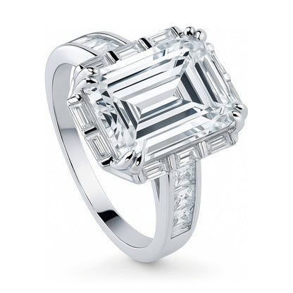 Halo Art Deco Emerald Cut CZ Ring in Sterling Silver