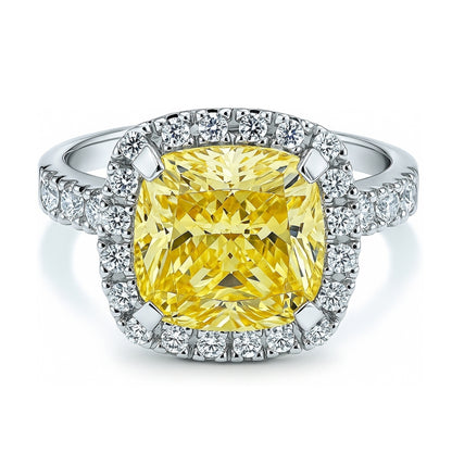Halo Canary Yellow Cushion CZ Ring in Sterling Silver