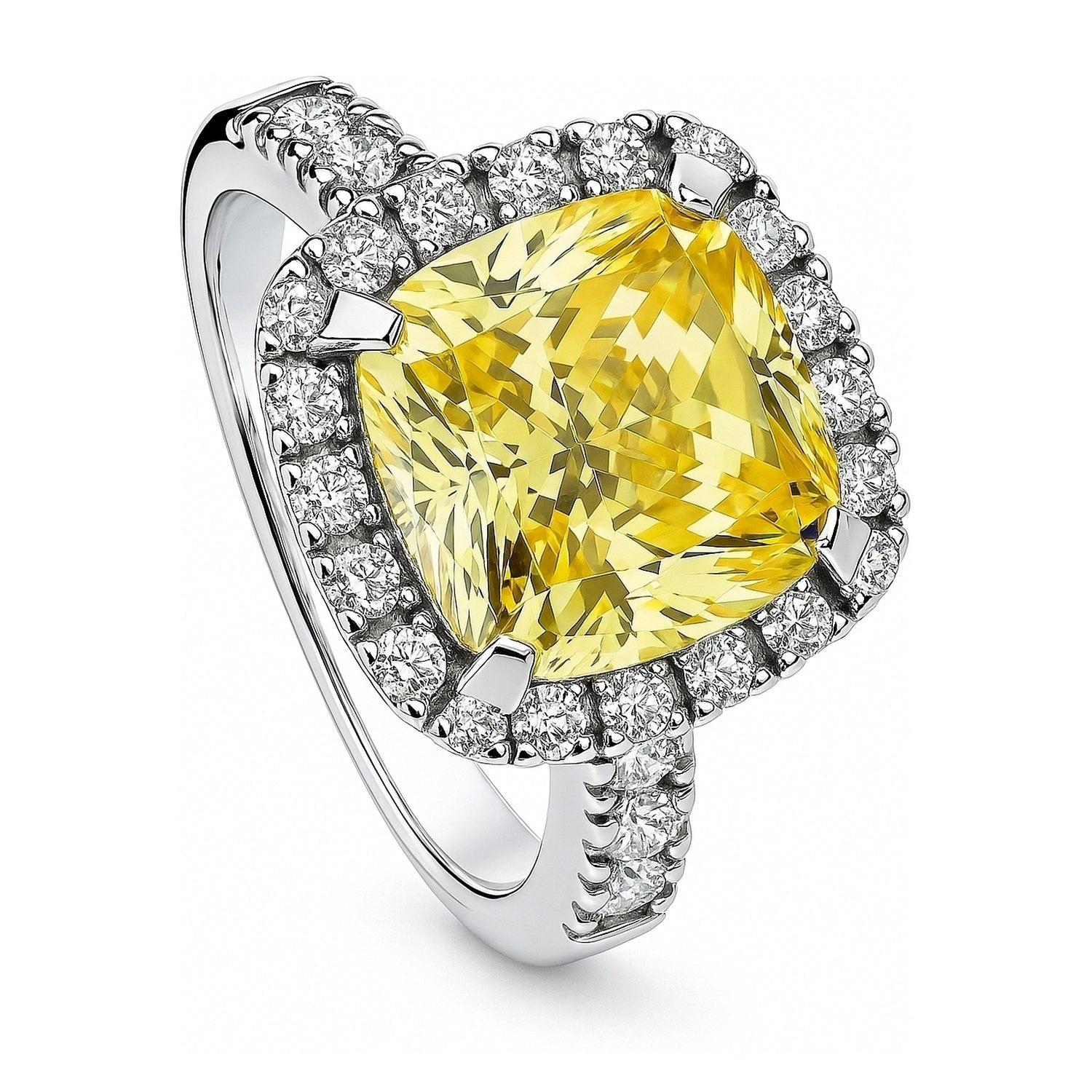 Halo Canary Yellow Cushion CZ Ring in Sterling Silver, 4 of 15