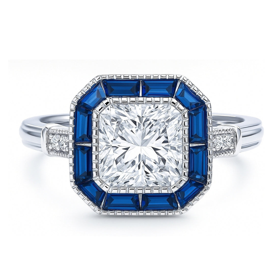 Halo Art Deco Milgrain Princess CZ Ring in Sterling Silver