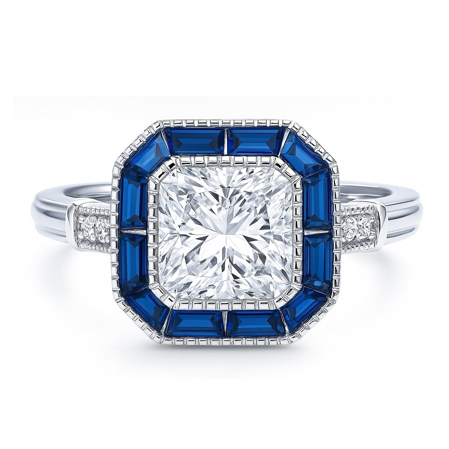 Halo Art Deco Milgrain Princess CZ Ring in Sterling Silver, 1 of 11