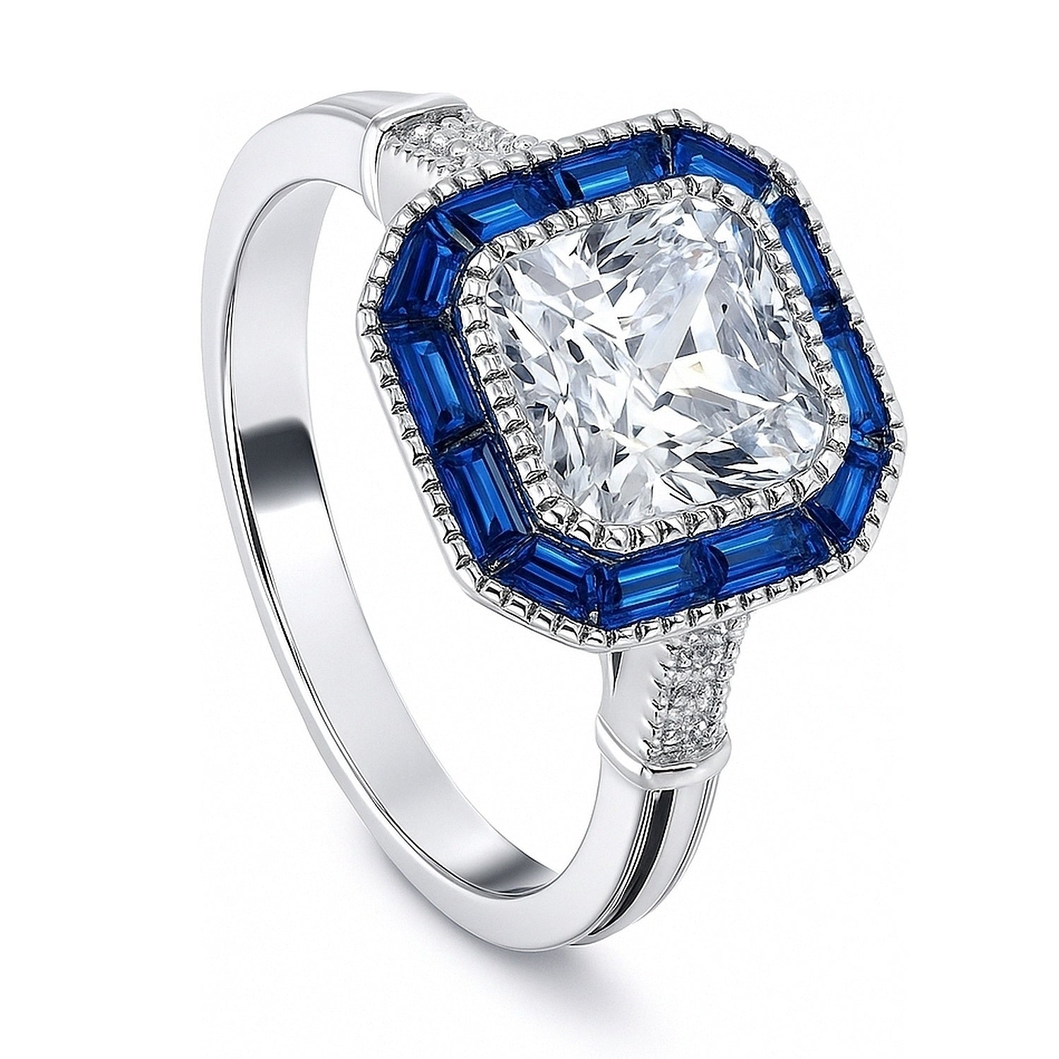Halo Art Deco Milgrain Princess CZ Ring in Sterling Silver, 4 of 11