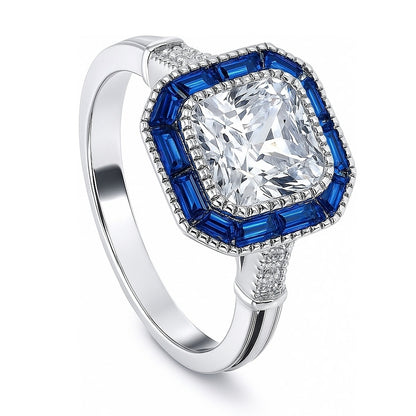 Halo Art Deco Milgrain Princess CZ Ring in Sterling Silver