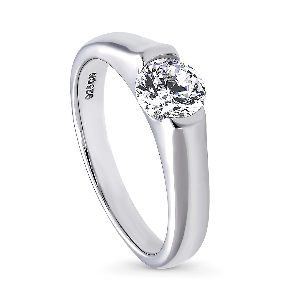 Front view of Solitaire 0.8ct Half Bezel Set Round CZ Ring in Sterling Silver, 4 of 7