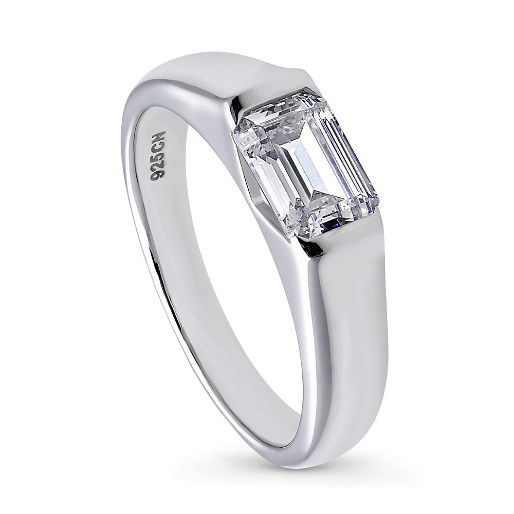 Front view of East-West Solitaire Half Bezel Set CZ Ring in Sterling Silver