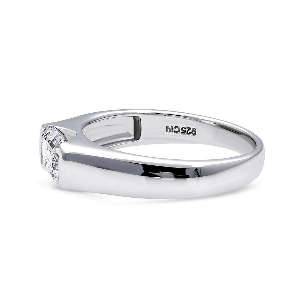 Angle view of East-West Solitaire Half Bezel Set CZ Ring in Sterling Silver