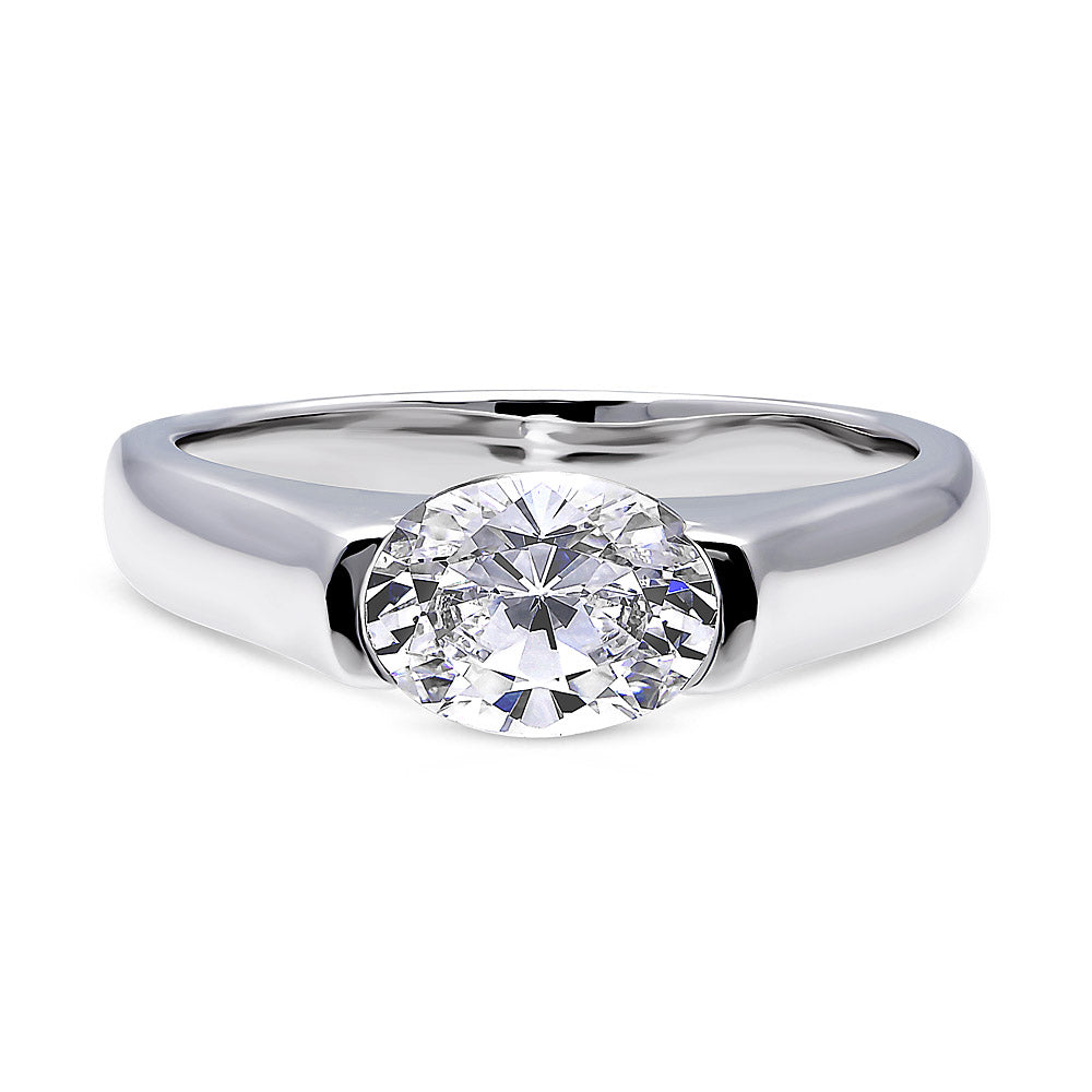 Solitaire 1.2ct Half Bezel Set Oval CZ Ring in Sterling Silver, 1 of 7