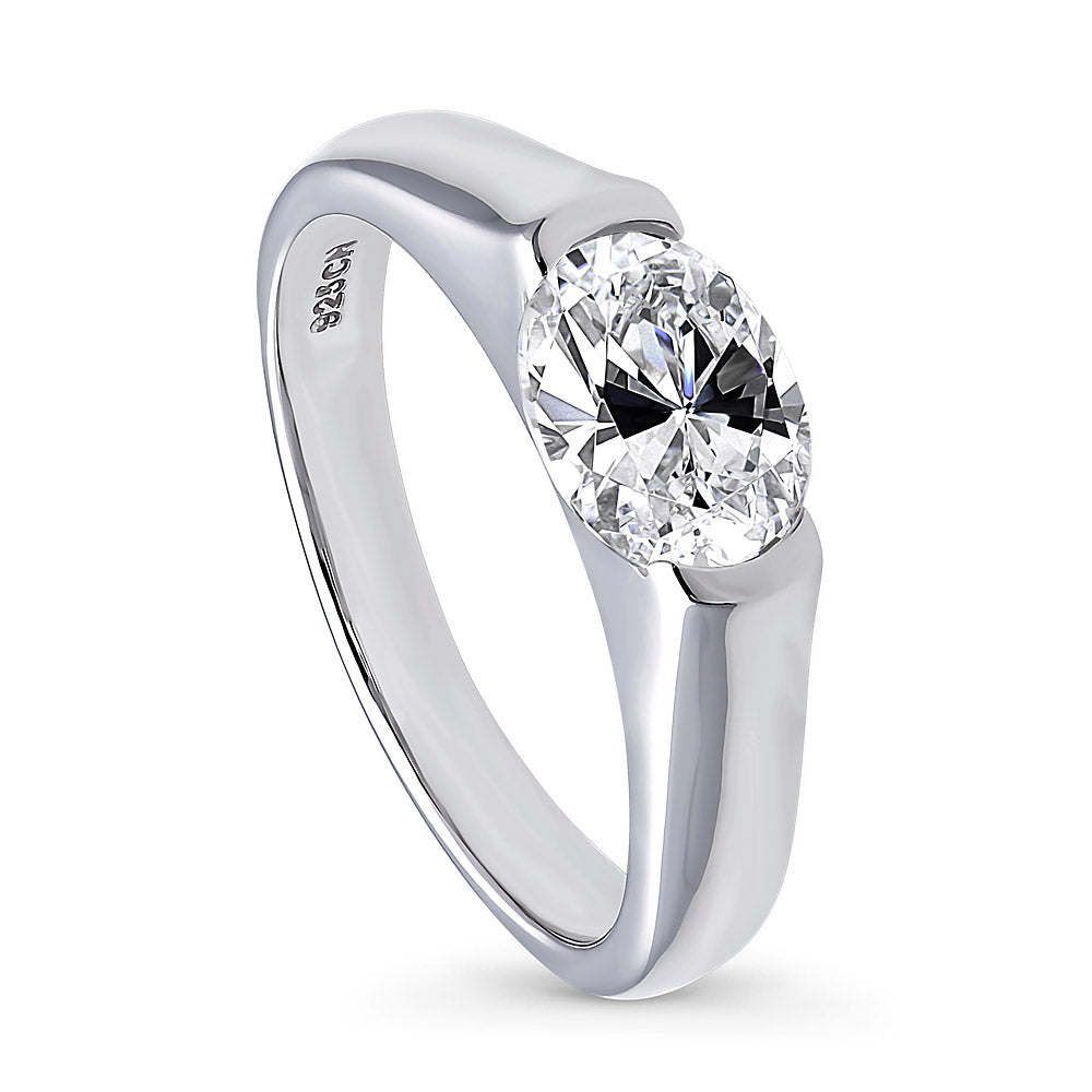 Front view of Solitaire 1.2ct Half Bezel Set Oval CZ Ring in Sterling Silver, 4 of 7