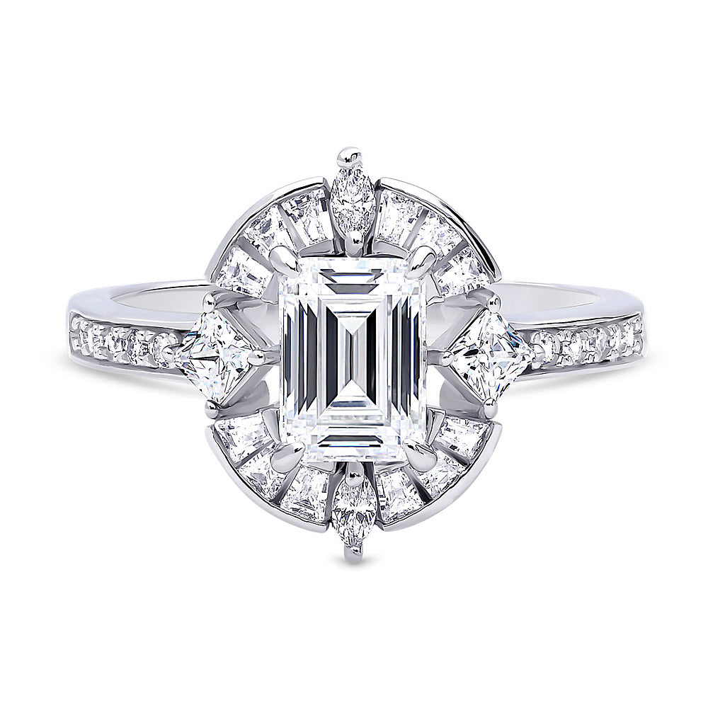 Halo Art Deco Emerald Cut CZ Ring in Sterling Silver, 1 of 11