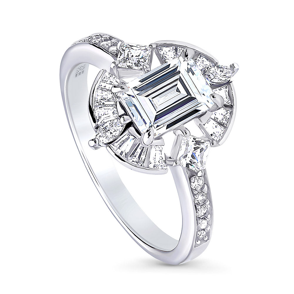 Front view of Halo Art Deco Emerald Cut CZ Ring in Sterling Silver, 4 of 11