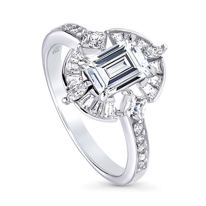 Halo Art Deco Emerald Cut CZ Ring in Sterling Silver