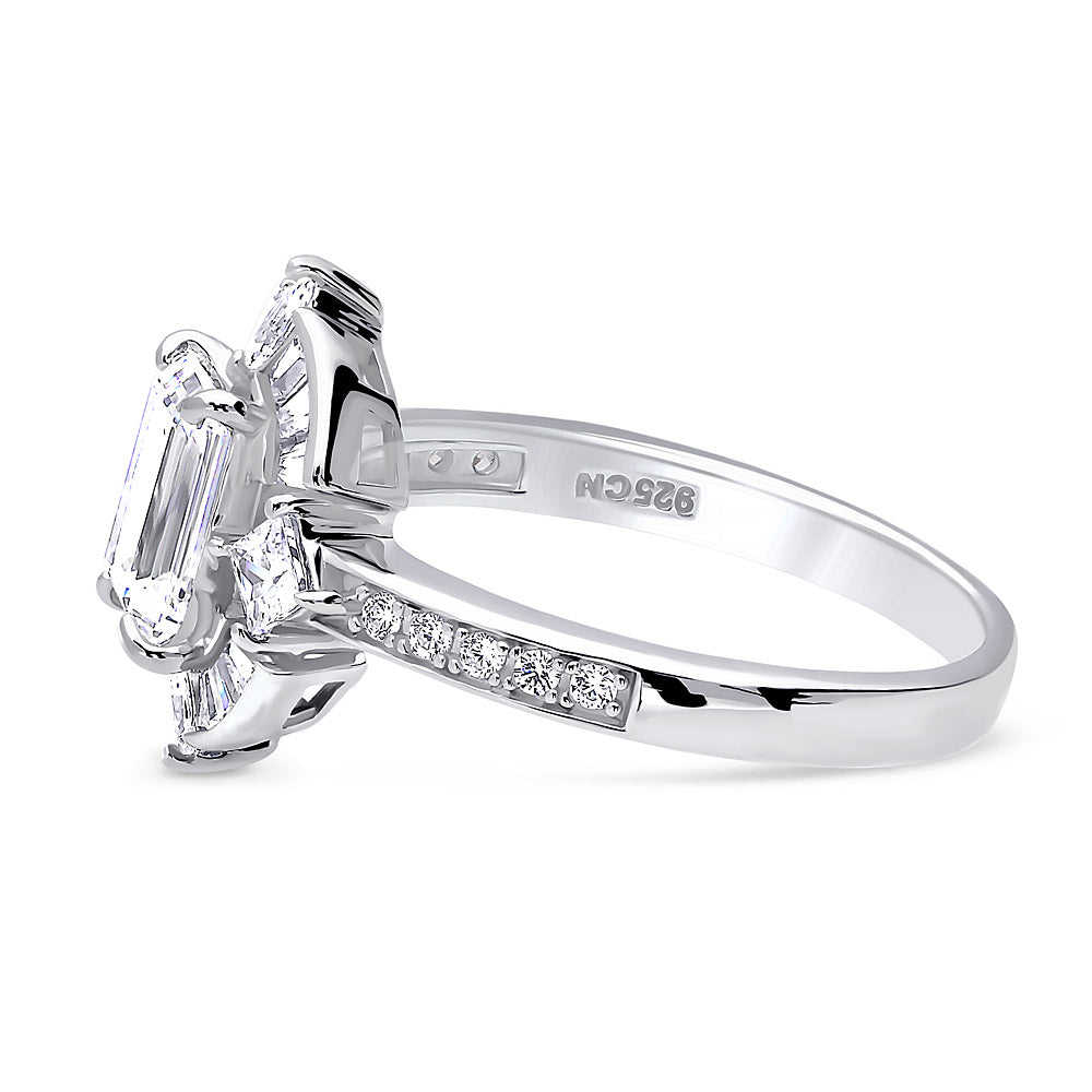 Angle view of Halo Art Deco Emerald Cut CZ Ring in Sterling Silver, 5 of 11