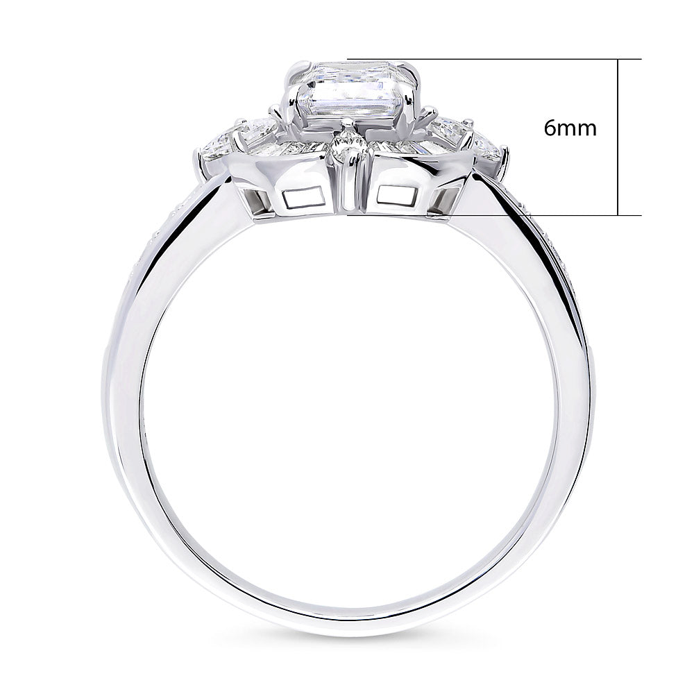 Halo Art Deco Emerald Cut CZ Ring in Sterling Silver