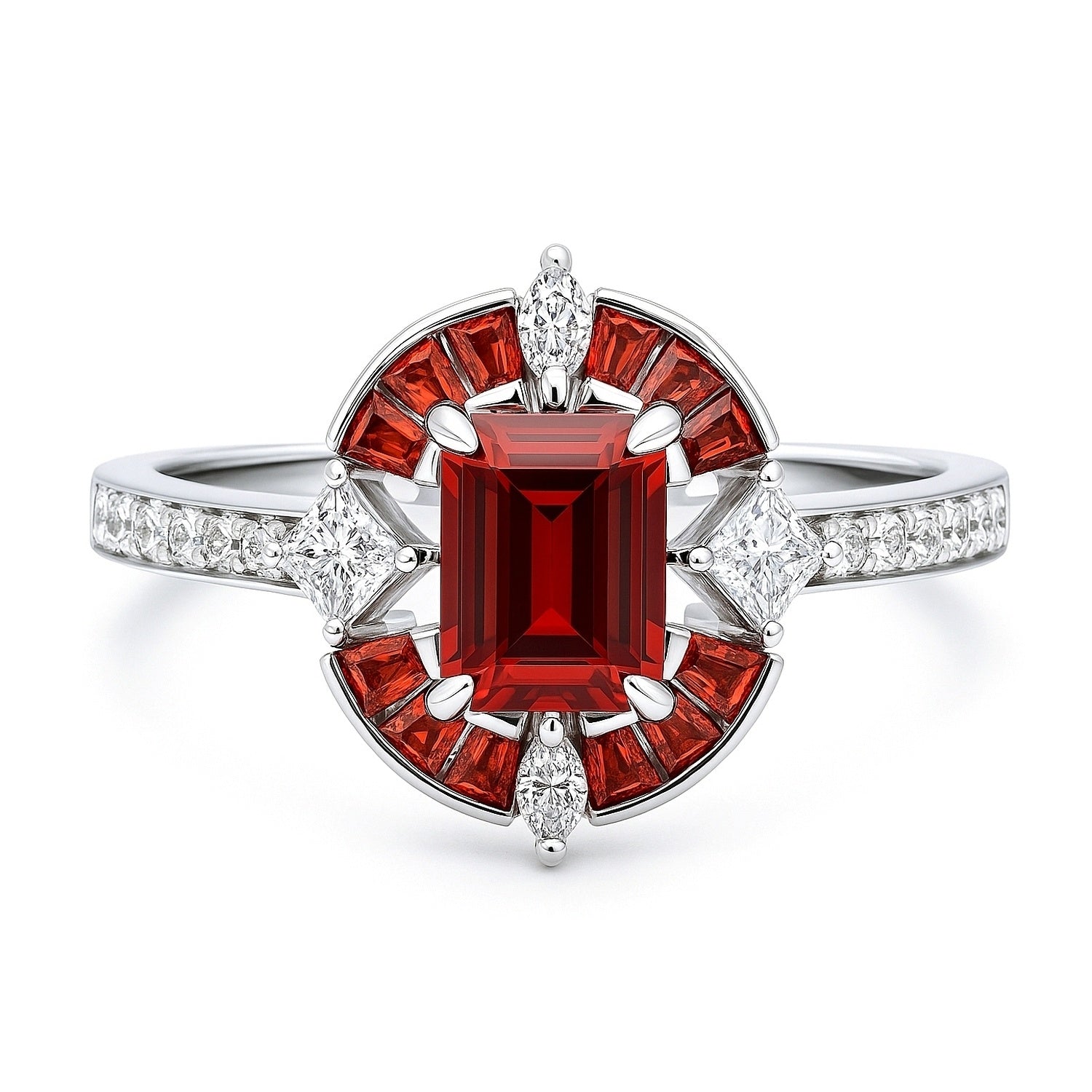 Halo Art Deco Garnet-Red Emerald Cut CZ Ring in Sterling Silver, 1 of 8