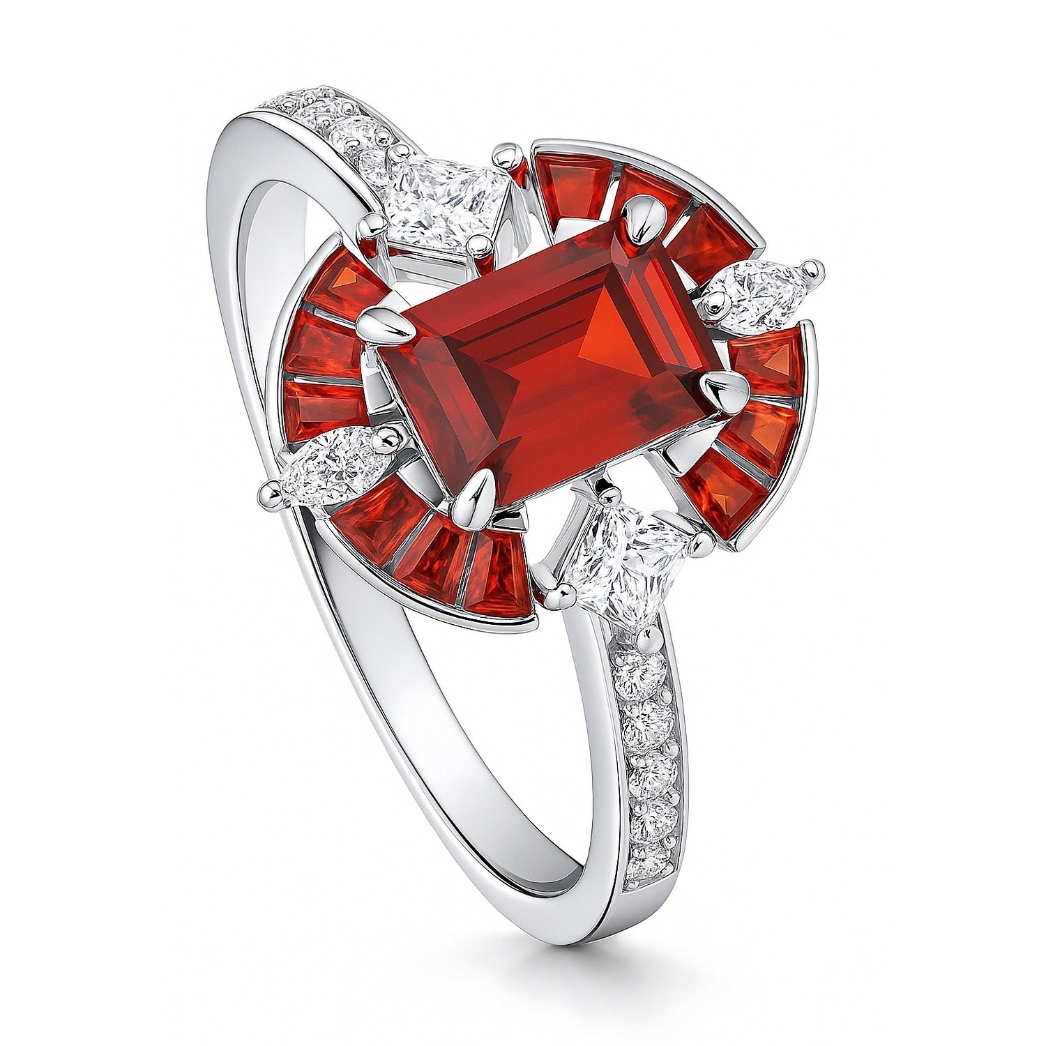 Halo Art Deco Garnet-Red Emerald Cut CZ Ring in Sterling Silver, 4 of 8