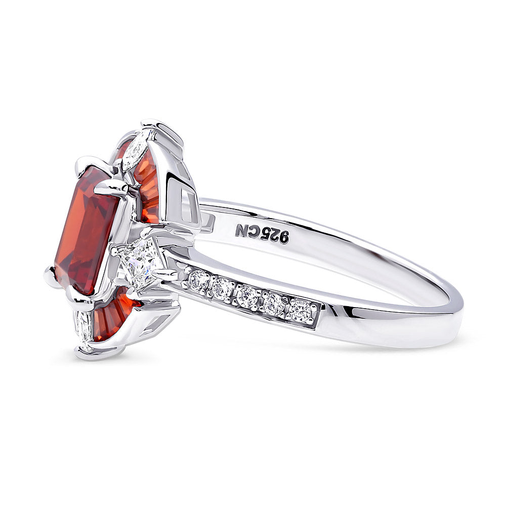 Halo Art Deco Garnet-Red Emerald Cut CZ Ring in Sterling Silver