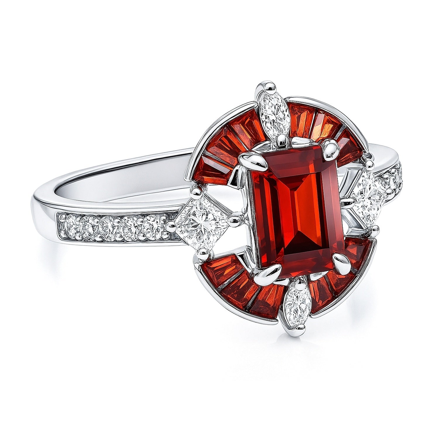 Halo Art Deco Garnet-Red Emerald Cut CZ Ring in Sterling Silver