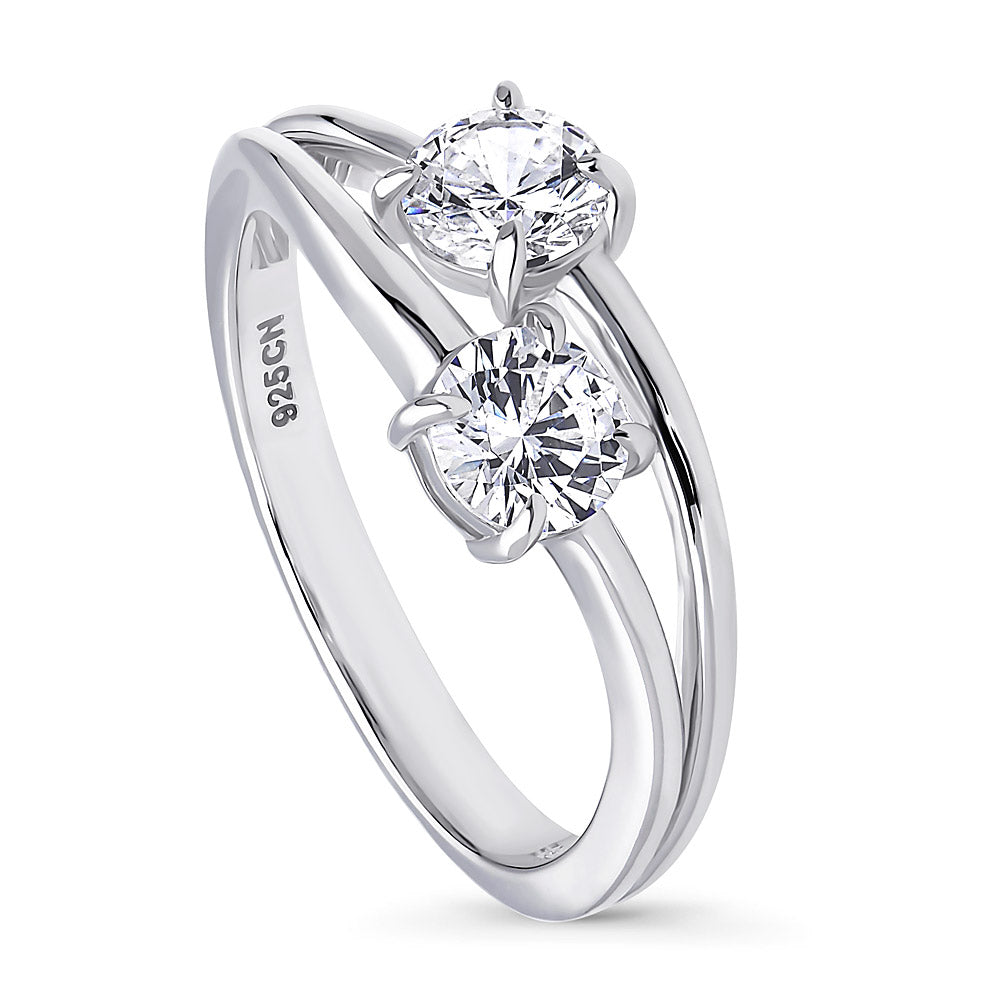 Bypass 2-Stone CZ Split Shank Ring in Sterling Silver