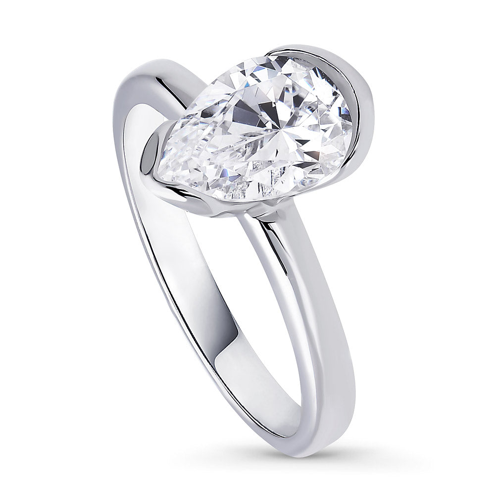Front view of Solitaire 1.8ct Bezel Pear CZ Ring in Sterling Silver, 4 of 11