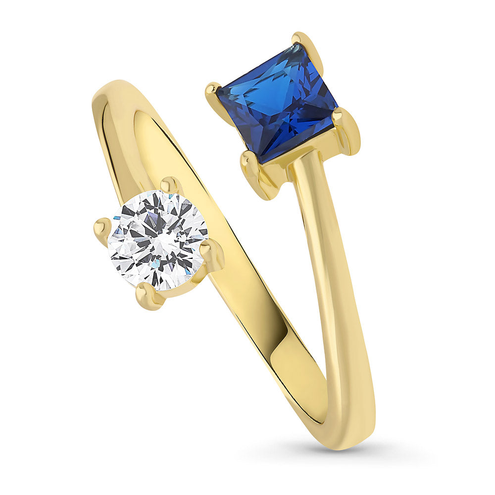 Front view of Bypass Blue CZ Ring in Gold Flashed Sterling Silver, 4 of 12