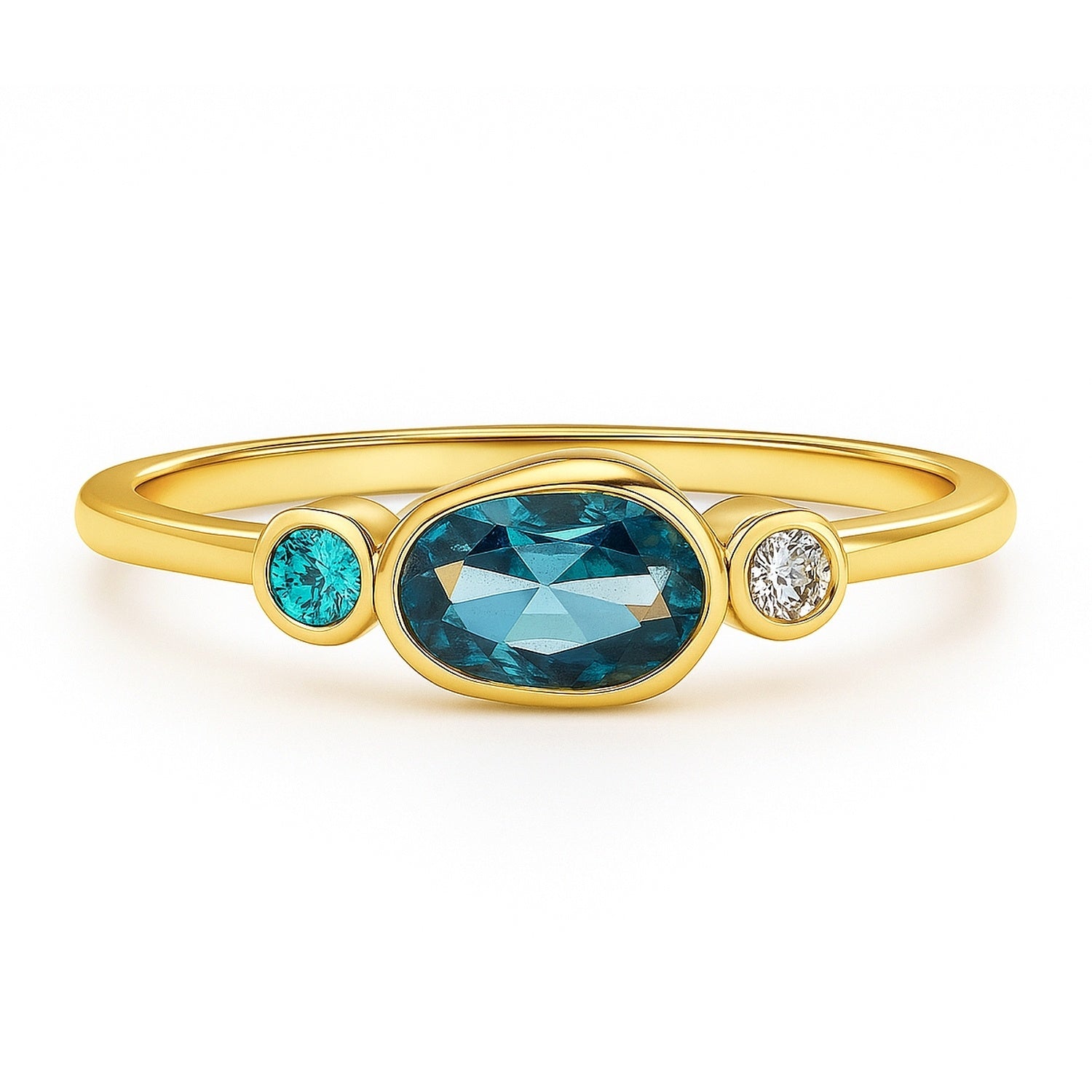 East-West 3-Stone Blue CZ Ring in Gold Flashed Sterling Silver, 1 of 8