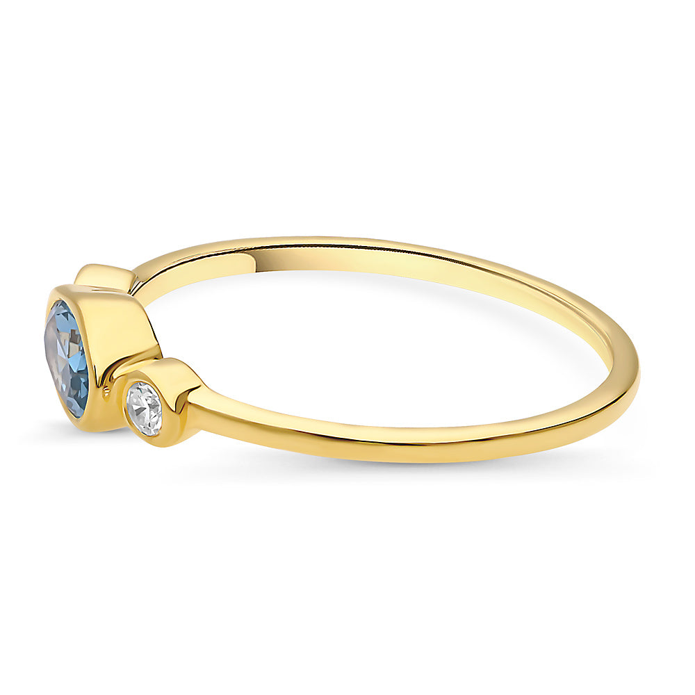 Angle view of East-West 3-Stone Blue CZ Ring in Gold Flashed Sterling Silver, 5 of 8
