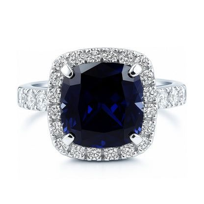 Halo Sapphire-Blue Cushion CZ Ring in Sterling Silver