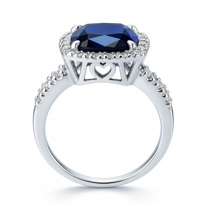 Halo Sapphire-Blue Cushion CZ Ring in Sterling Silver
