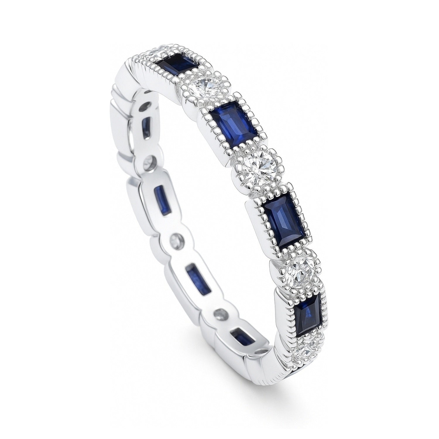 Art Deco Sapphire-Blue Bezel CZ Eternity Ring in Sterling Silver