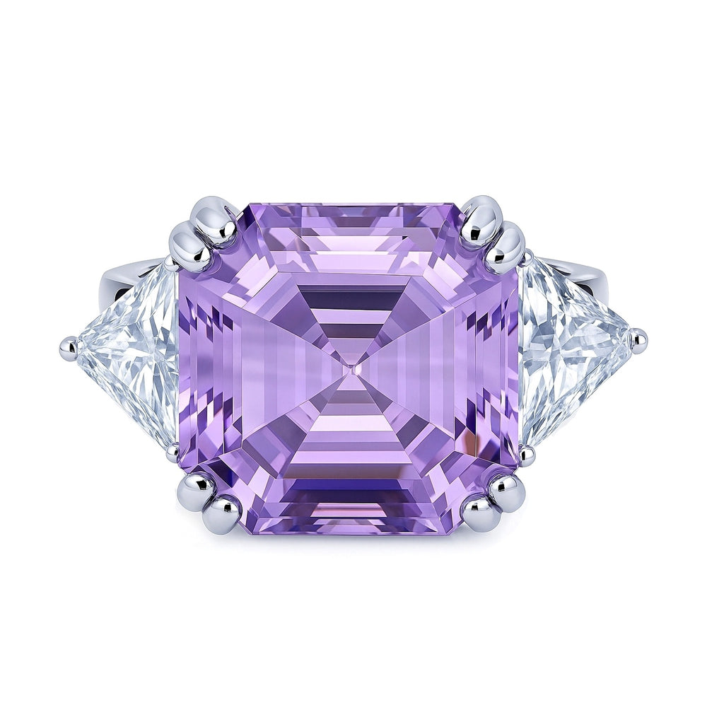Sterling Silver 3-Stone Purple Asscher Cut CZ Cocktail Ring 