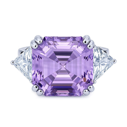 3-Stone 12.6ct Purple Asscher CZ Ring in Sterling Silver