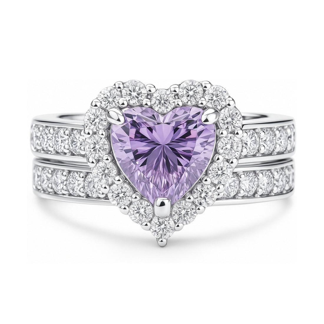 Halo Heart Purple Heart CZ Ring Set in Sterling Silver