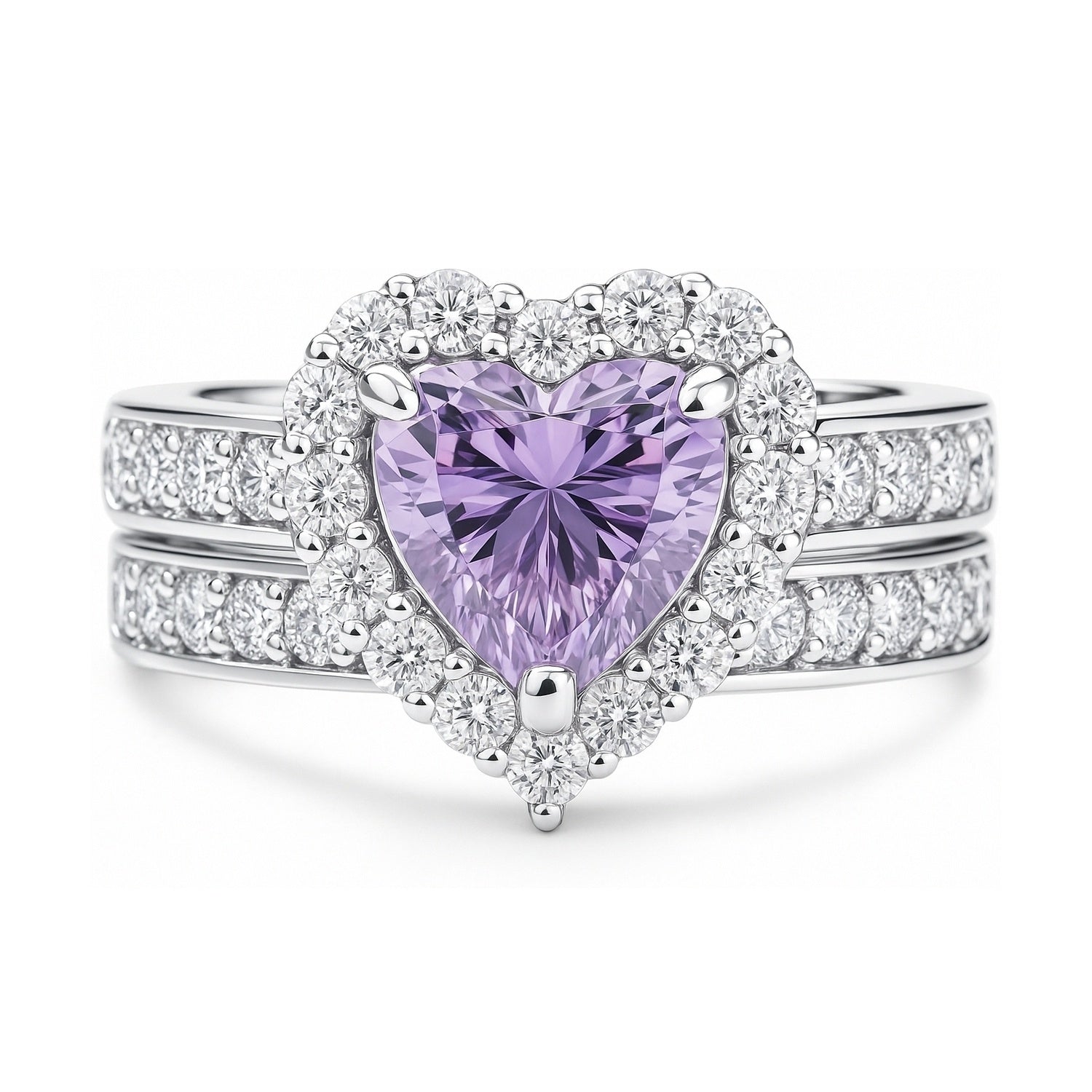 Halo Heart Purple Heart CZ Ring Set in Sterling Silver