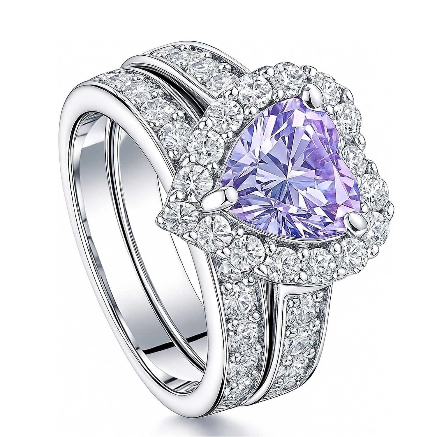 Halo Heart Purple Heart CZ Ring Set in Sterling Silver, 4 of 19