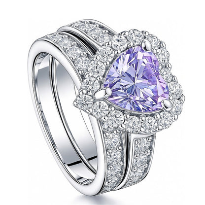 Halo Heart Purple Heart CZ Ring Set in Sterling Silver