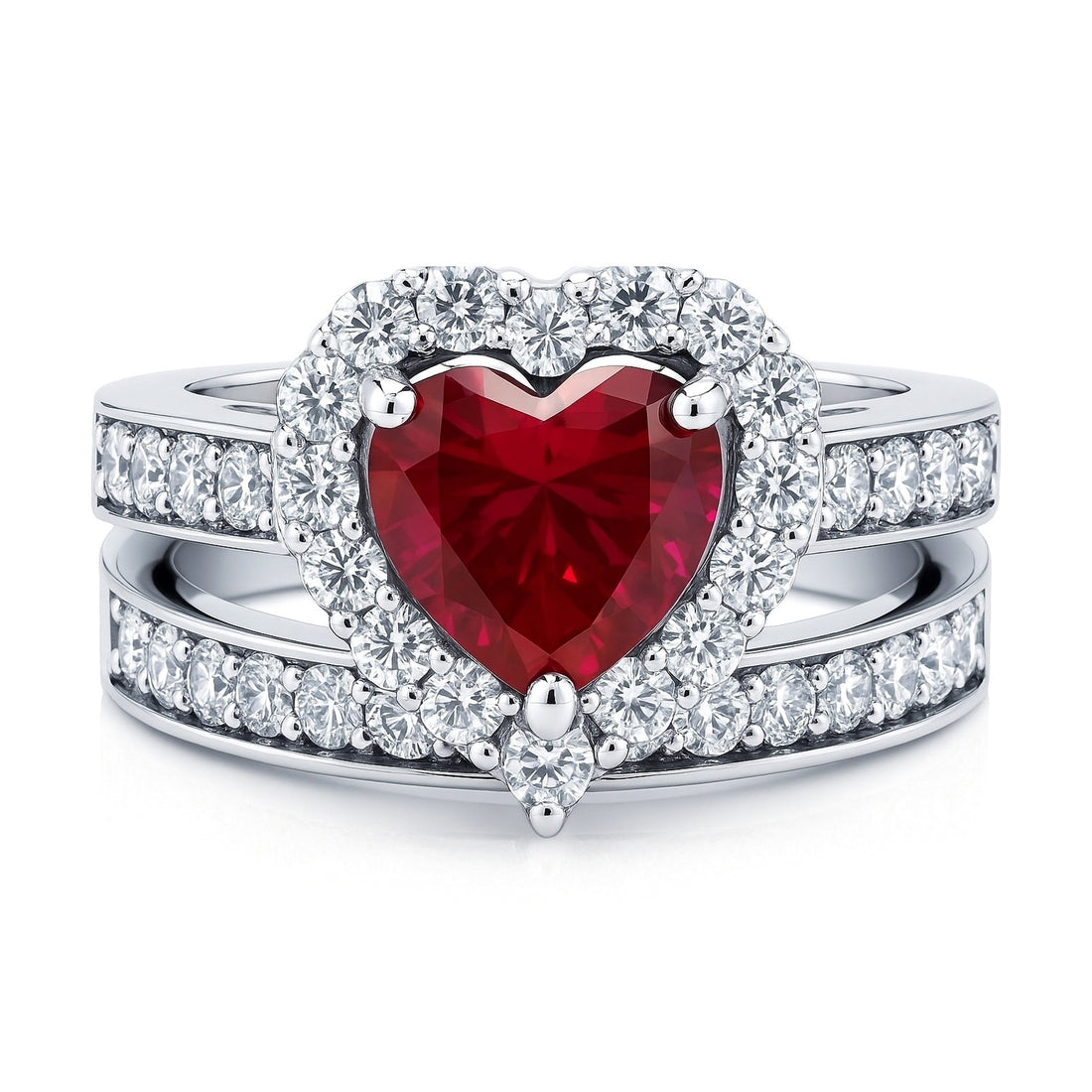 Halo Heart Ruby-Red Heart CZ Ring Set in Sterling Silver