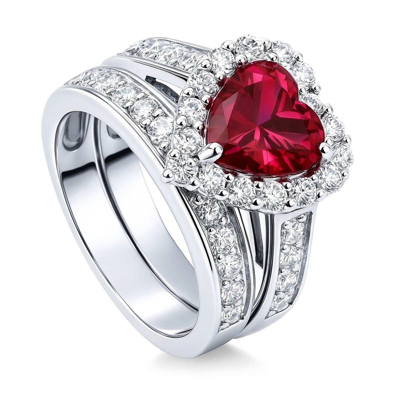 Halo Heart Ruby-Red Heart CZ Ring Set in Sterling Silver, 4 of 11