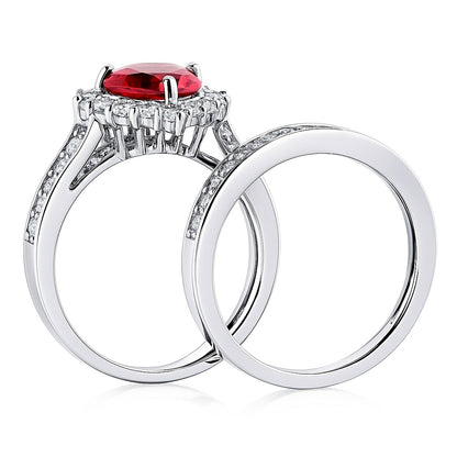 Halo Heart Ruby-Red Heart CZ Ring Set in Sterling Silver