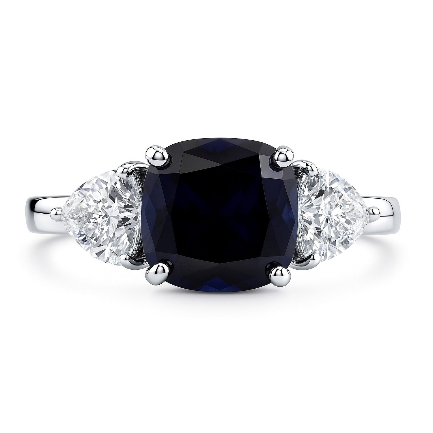 3-Stone 3ct Sapphire-Blue Cushion CZ Ring in Sterling Silver, 1 of 12
