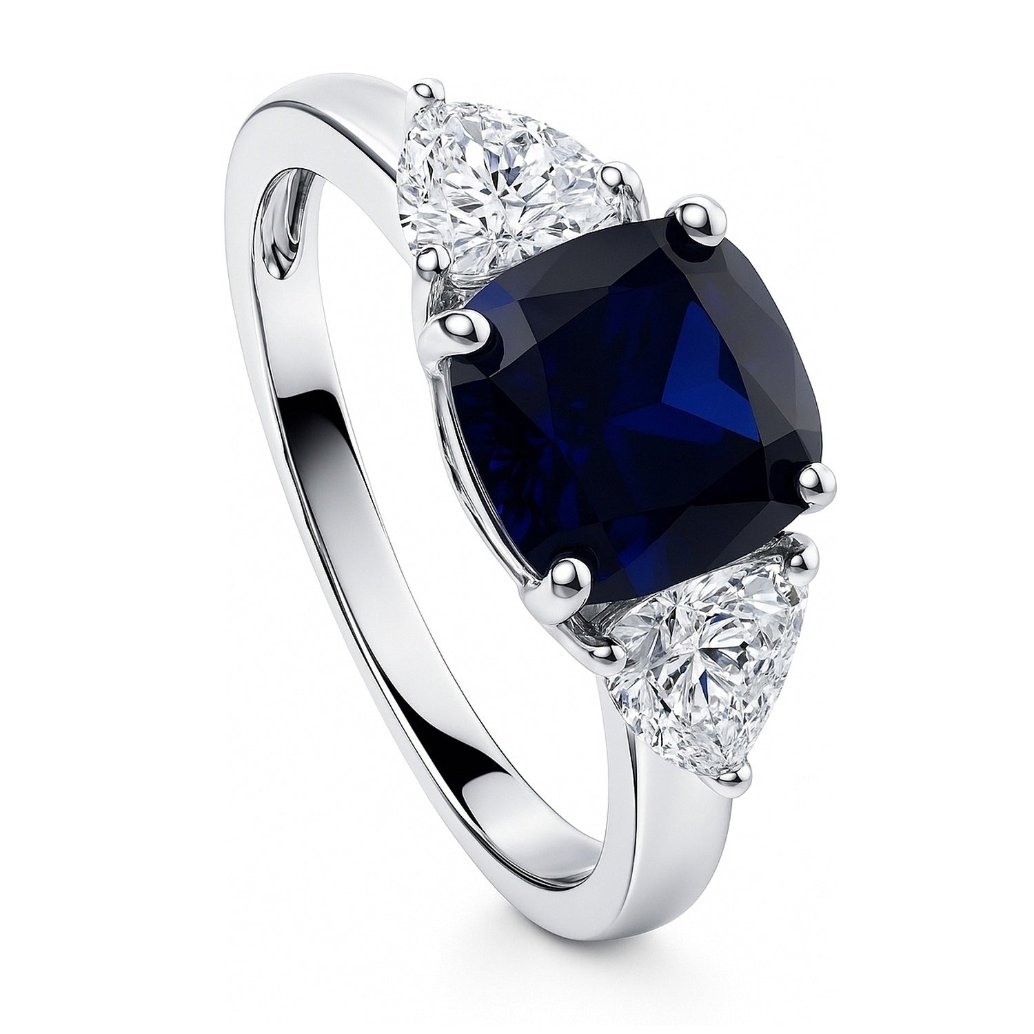 3-Stone 3ct Sapphire-Blue Cushion CZ Ring in Sterling Silver