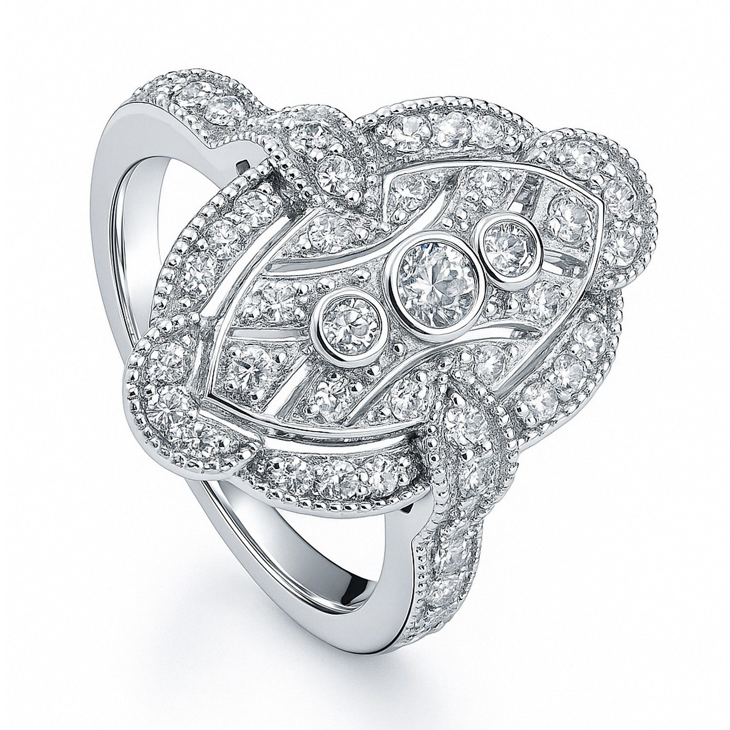 Navette Art Deco Milgrain CZ Ring in Sterling Silver, 4 of 11